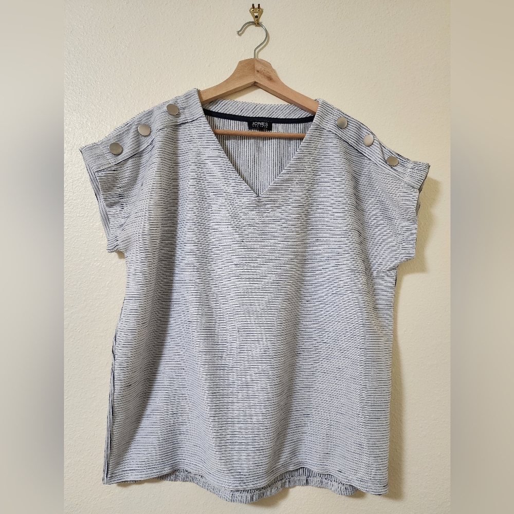 Jones New York Striped V-Neck Blouse with Button Accents